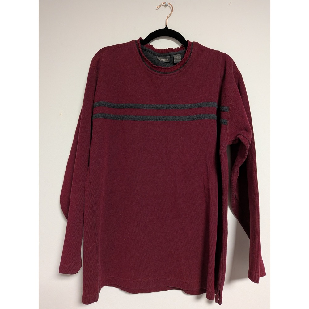 Van Heusen Mens Small‎ Burgundy Ribbed Cotton Long Sleeve Shirt Grey Stripe Crew